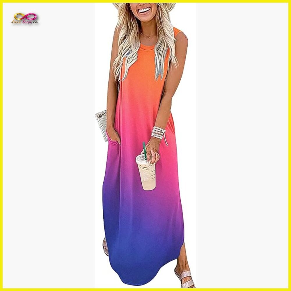 Boho Maxi Dress Sleeveless Casual Summer Beach Vacation Retro Tie Dye